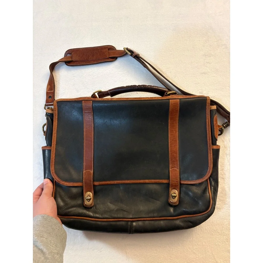 Tusting Made in England Black Tan Leather Messenger Bag Briefcase Laptop Satchel